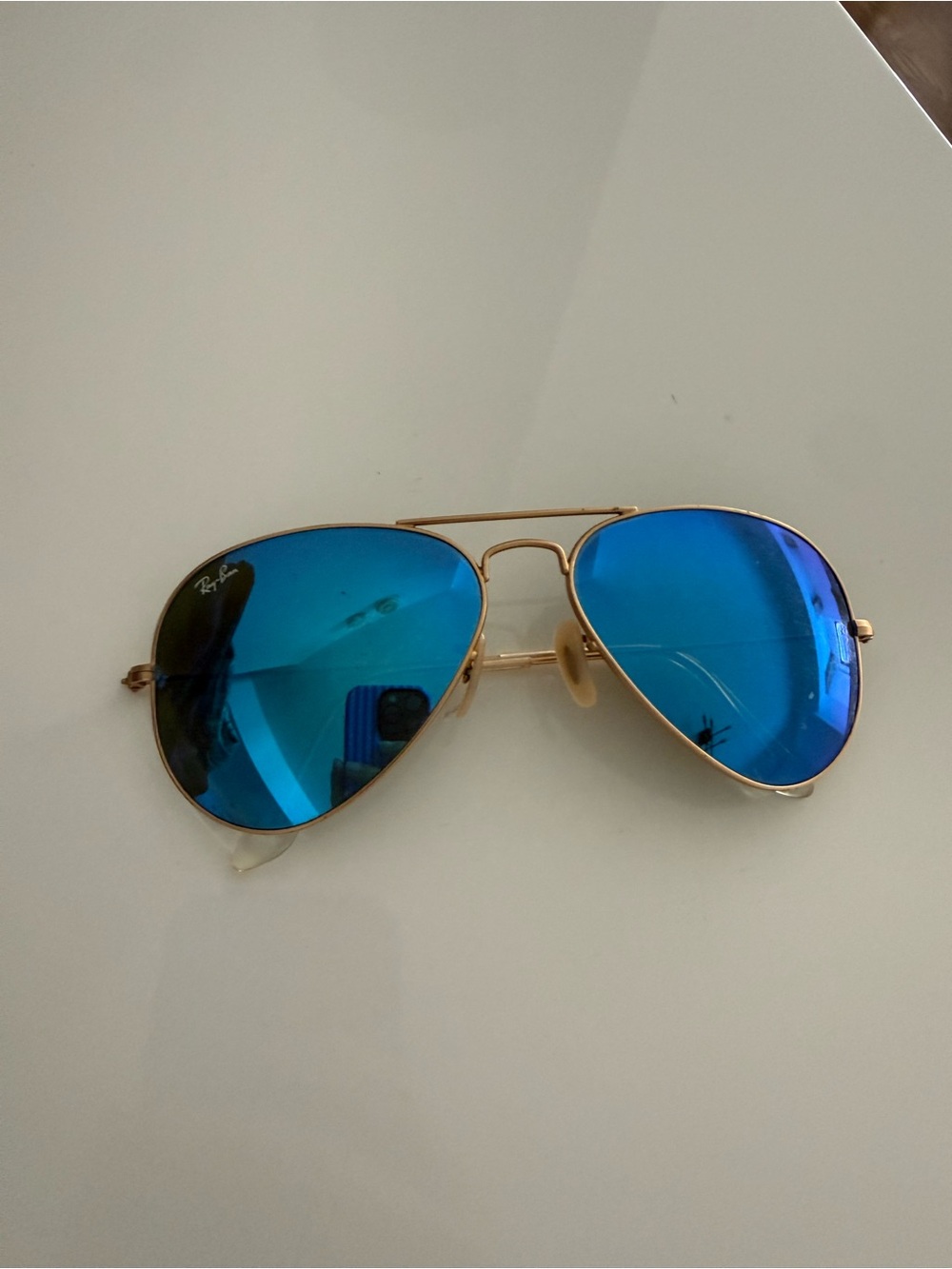 Ray-Ban Gold Frame Sunglasses with Blue Mirror Lenses